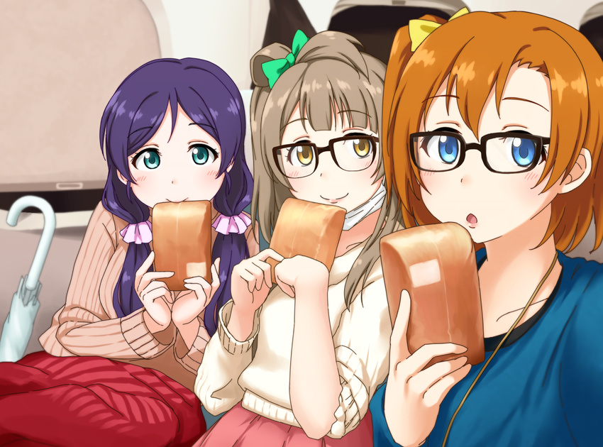:o aqua_eyes bespectacled blue_eyes blush bow bread brown_eyes brown_hair chestnut_mouth closed_umbrella face_mask food glasses hair_bow holding kousaka_honoka kusuda_aina long_hair looking_at_viewer love_live! love_live!_school_idol_project low_twintails mask minami_kotori mohya multiple_girls nitta_emi one_side_up photo-referenced purple_hair ribbed_sweater seiyuu_connection short_hair smile surgical_mask sweater toujou_nozomi twintails uchida_aya umbrella