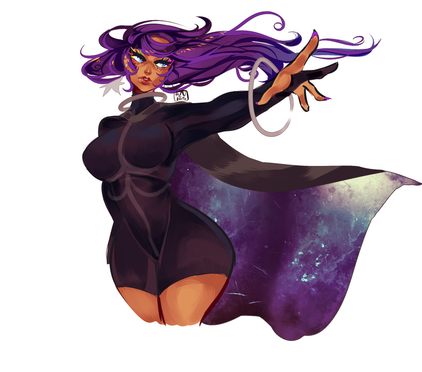 anklet azubelle bodysuit breasts cape cropped_legs dark_skin earrings gojika_(pokemon) gym_leader highres jewelry large_breasts outstretched_arm pokemon pokemon_(game) pokemon_xy purple_hair skin_tight solo star star_earrings transparent_background