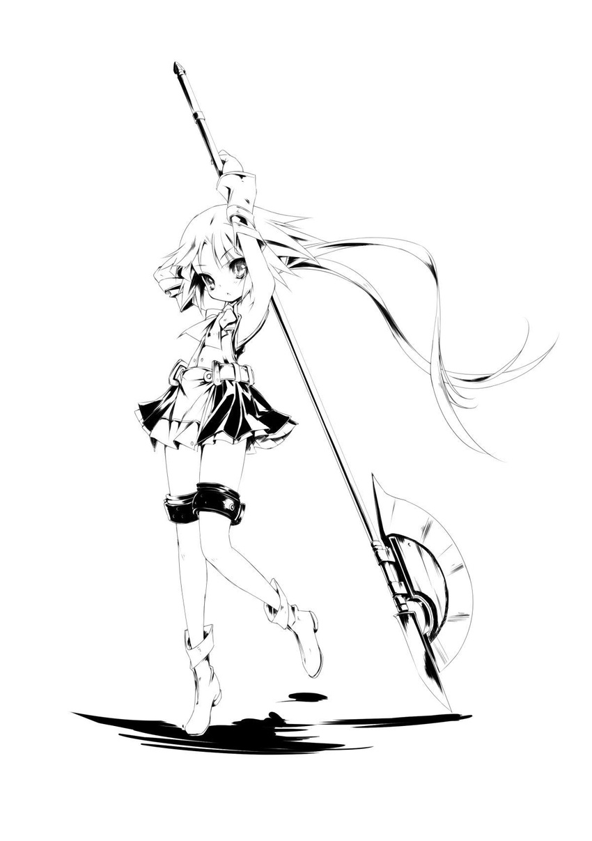 armpits arms_up boots detached_sleeves dress eien_no_aselia eternity_sword_series greyscale halberd highres hitomaru legs long_hair monochrome nimnthor_g_lasfolt polearm ponytail short_dress solo very_long_hair weapon