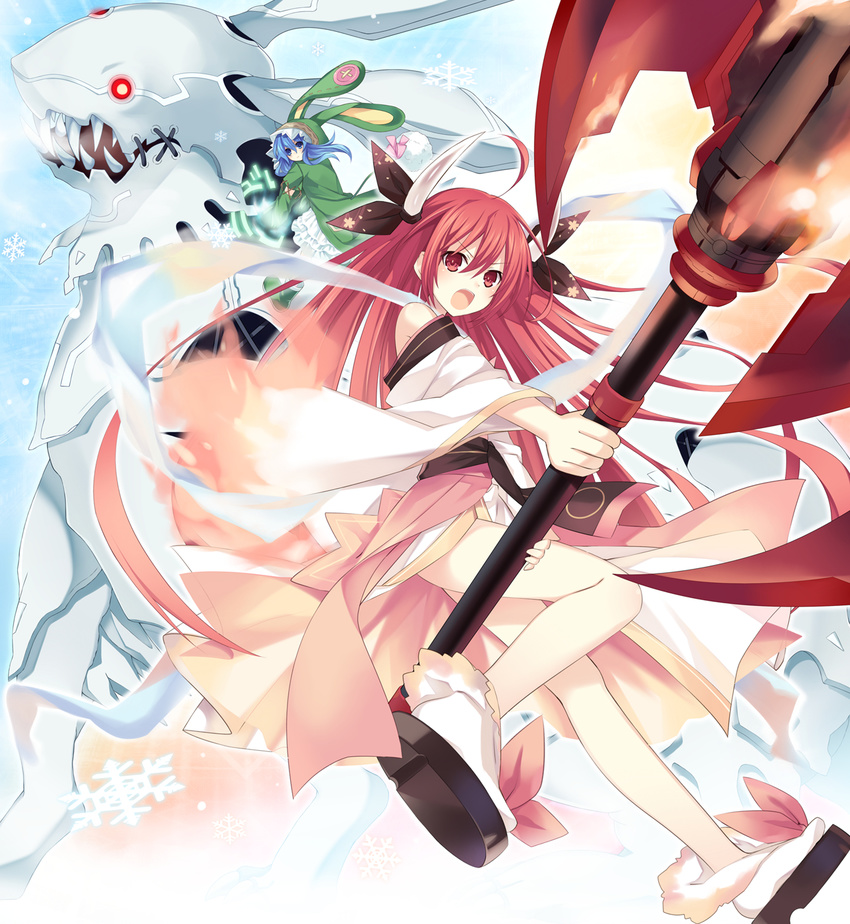 ahoge animal_hood axe blue_eyes blue_hair blush date_a_live fire highres holding holding_weapon hood horn_ribbon horns itsuka_kotori long_hair monster multiple_girls official_art open_mouth red_eyes red_hair ribbon sharp_teeth snowflakes teeth tsunako very_long_hair weapon yoshino_(date_a_live) zadkiel_(date_a_live)