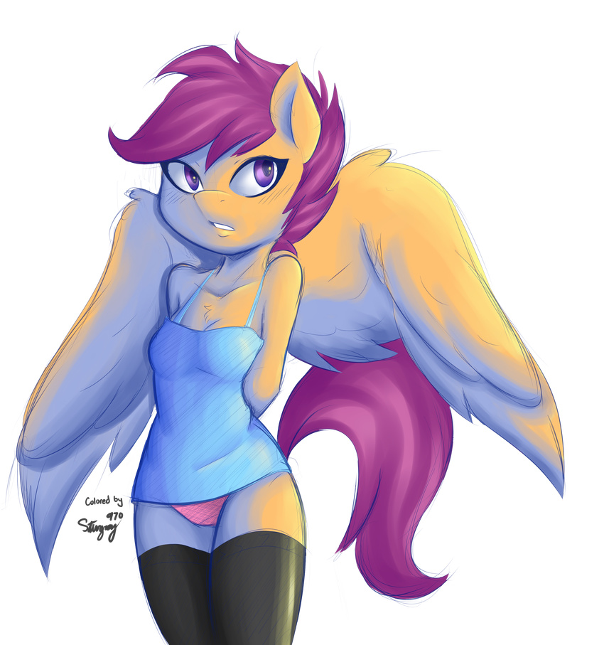 2015 absurd_res alpha_channel ambris anthro chest_tuft clothing cute equine female friendship_is_magic fur hair hi_res legwear mammal my_little_pony panties pegasus purple_eyes purple_hair scootaloo_(mlp) shirt short_hair solo stingray970 tank_top thigh_highs tuft underwear wings