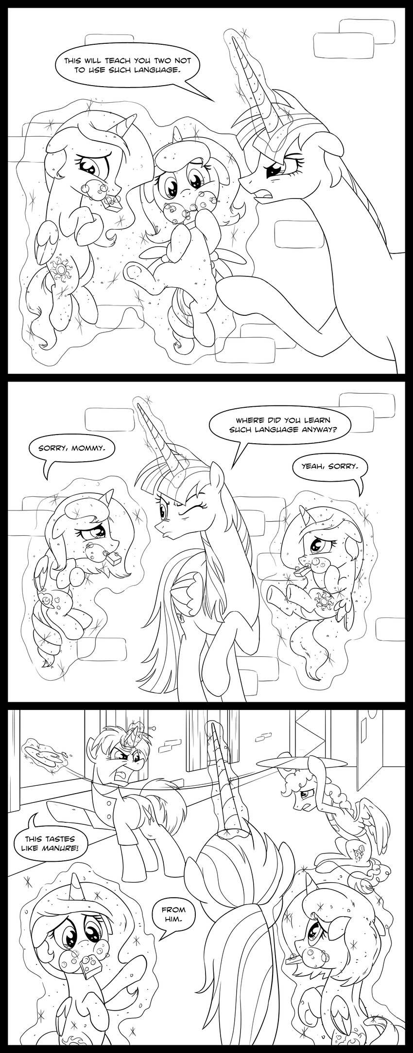 2015 apron comic cutie_mark dialogue english_text equine female friendship_is_magic gordon_ramsay group horn lauren_faust_(character) mammal my_little_pony princess_celestia_(mlp) princess_luna_(mlp) sketchyjackie soap tan575 text winged_unicorn wings young
