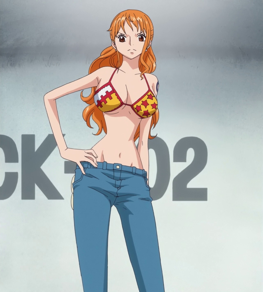 bikini_top breasts female gradient gradient_background hand_on_hip long_hair nami nami_(one_piece) navel one_piece orange_hair punk_hazard screencap solo standing stitched