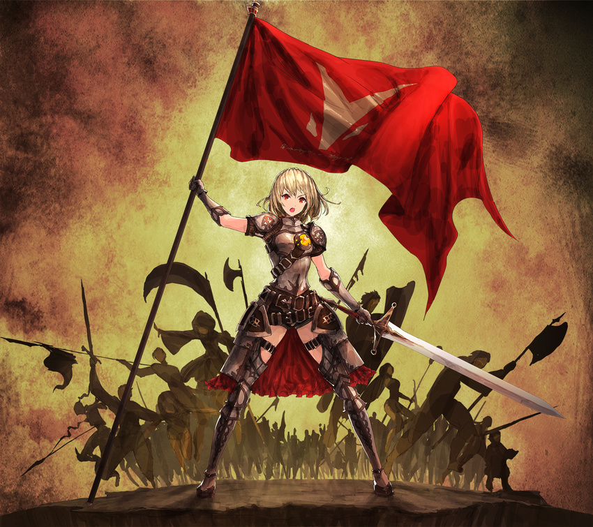 boots breasts flag geeto_gaadian highres medium_breasts multiple_boys multiple_girls pixiv_fantasia pixiv_fantasia_t polearm poleaxe solo_focus sword thigh_strap weapon