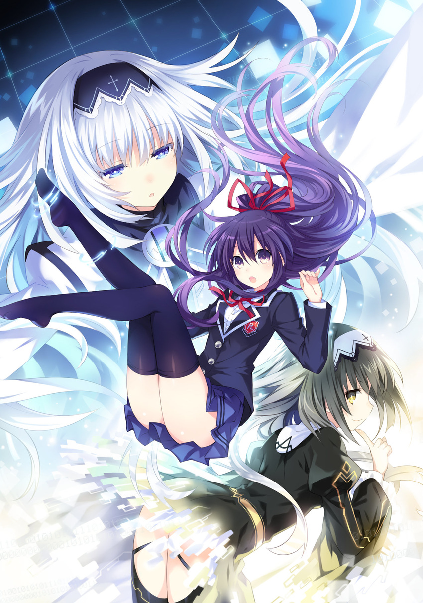 :o arusu_maria arusu_marina black_hair black_legwear blazer blue_eyes date_a_live digital_dissolve dress dress_shirt finger_to_chin hair_ribbon hairband highres jacket long_hair long_sleeves multiple_girls neck_ribbon no_shoes number official_art pleated_skirt puffy_long_sleeves puffy_sleeves purple_eyes purple_hair ribbon school_uniform shirt silver_hair skirt smile thighhighs tsunako very_long_hair yatogami_tooka yellow_eyes