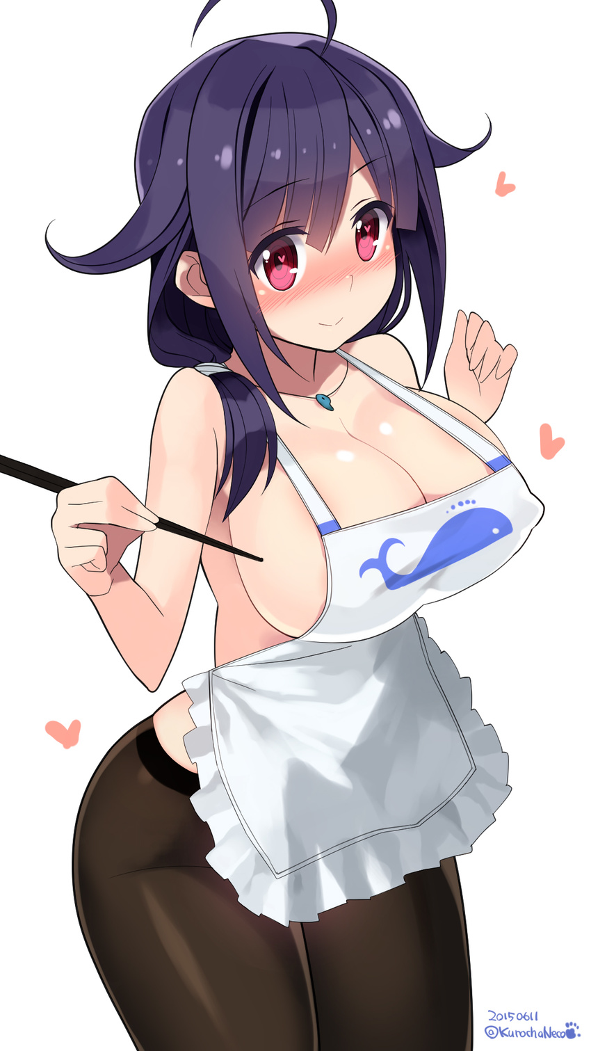ahoge apron black_legwear blush breasts dated hair_flaps heart heart-shaped_pupils highres jewelry kantai_collection kuro_chairo_no_neko large_breasts long_hair looking_at_viewer low_twintails nearly_naked_apron necklace pantyhose purple_hair red_eyes simple_background smile solo symbol-shaped_pupils taigei_(kantai_collection) twintails twitter_username white_background