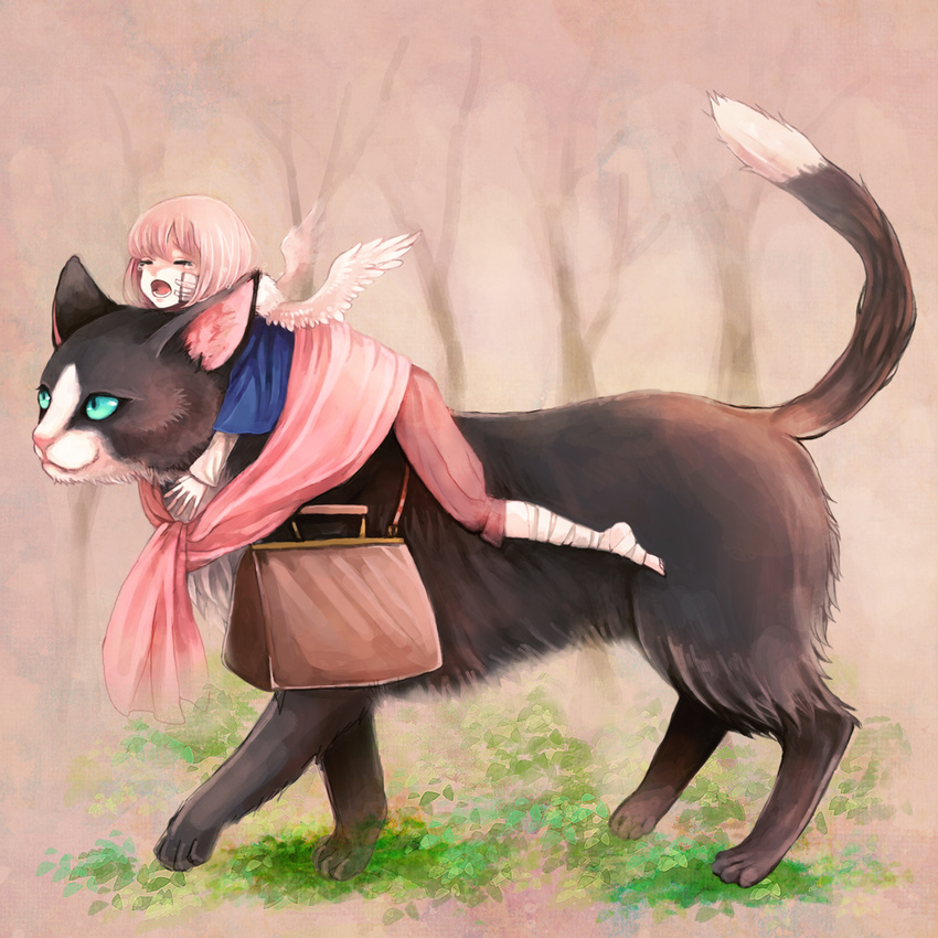animal aqua_eyes bag bandaged_leg bandages cat clona closed_eyes commentary_request feathered_wings forest holding lavender_hair looking_afar mini_wings nature open_mouth original oversized_animal riding sitting_on_animal tears wings