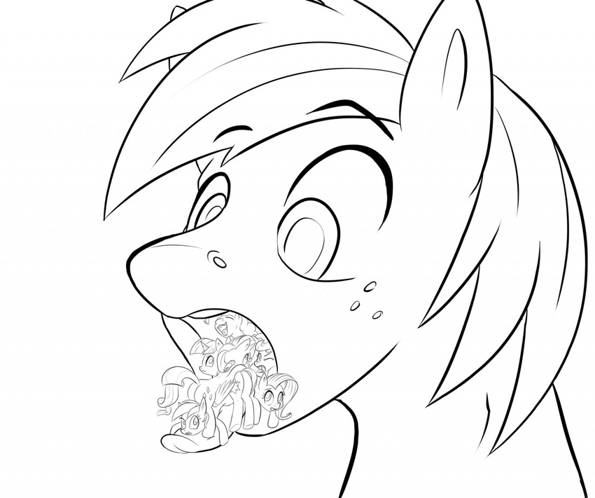 2015 applejack_(mlp) big_macintosh_(mlp) black_and_white butt cutie_mark earth_pony equine eyes_closed female feral fluttershy_(mlp) freckles friendship_is_magic group hair horn horse long_hair macro male mammal monochrome my_little_pony one_eye_closed open_mouth pegasus pinkie_pie_(mlp) pony rainbow_dash_(mlp) rarity_(mlp) sugahbite tongue tongue_out twilight_sparkle_(mlp) unicorn vore wings