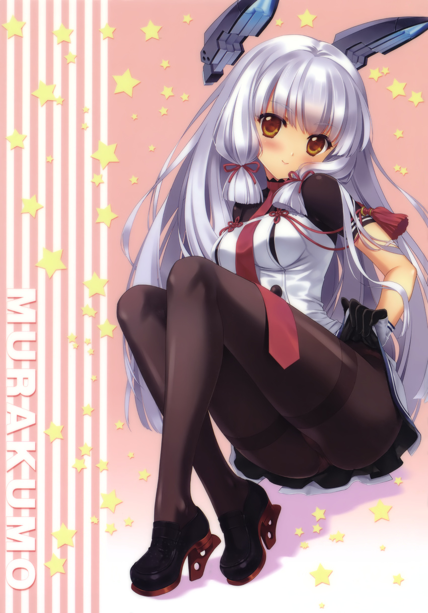 absurdres ass black_legwear blush boots breasts carnelian floating full_body grey_hair hair_ribbon headgear high_heels highres kantai_collection legs loafers long_hair medium_breasts murakumo_(kantai_collection) pantyhose remodel_(kantai_collection) ribbon shoes sidelocks single_shoe sitting smile solo thighband_pantyhose tress_ribbon two_side_up yellow_eyes