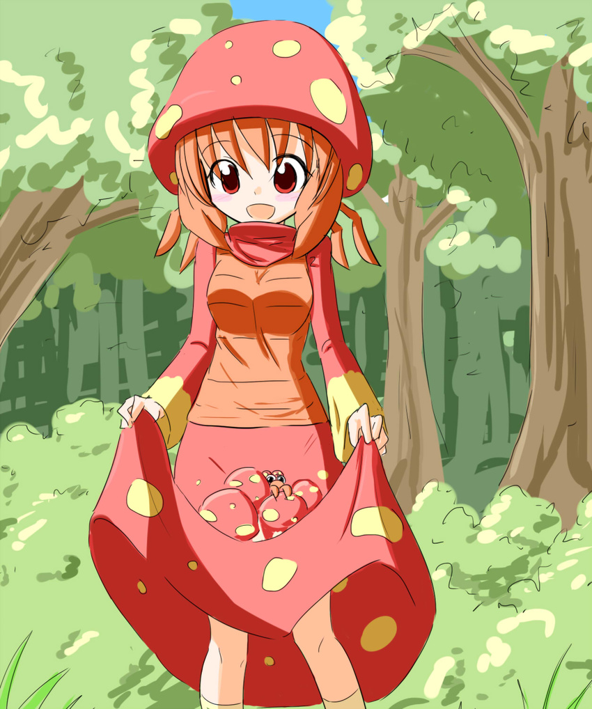 :d blue_sky bush day dress forest gen_1_pokemon hat highres long_sleeves looking_at_viewer mushroom nature open_mouth orange_hair outdoors paras personification pokemon pokemon_(creature) red_dress red_eyes red_hat skirt skirt_basket skirt_lift sky smile solo standing sws tree