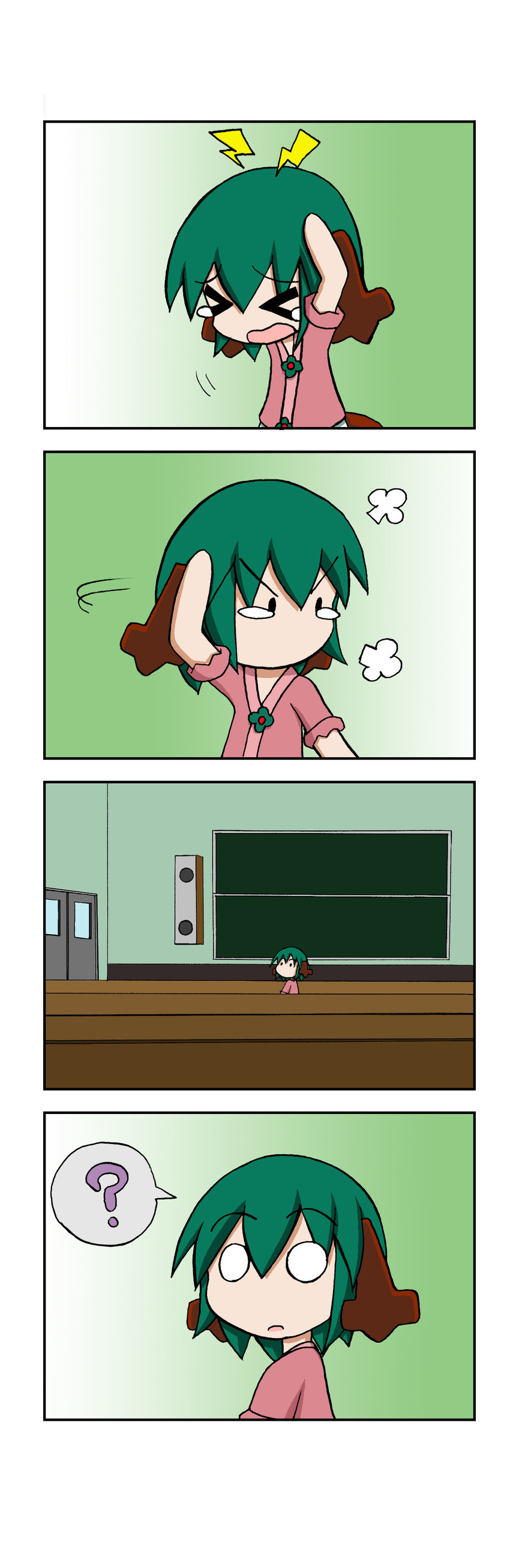 &gt;_&lt; 4koma ? absurdres animal_ears chalkboard chibi classroom closed_eyes comic gradient gradient_background green_hair hands_on_own_head highres kasodani_kyouko lightning_bolt o_o open_mouth rakugaki-biyori silent_comic snort solo spoken_question_mark tail tears touhou visible_air