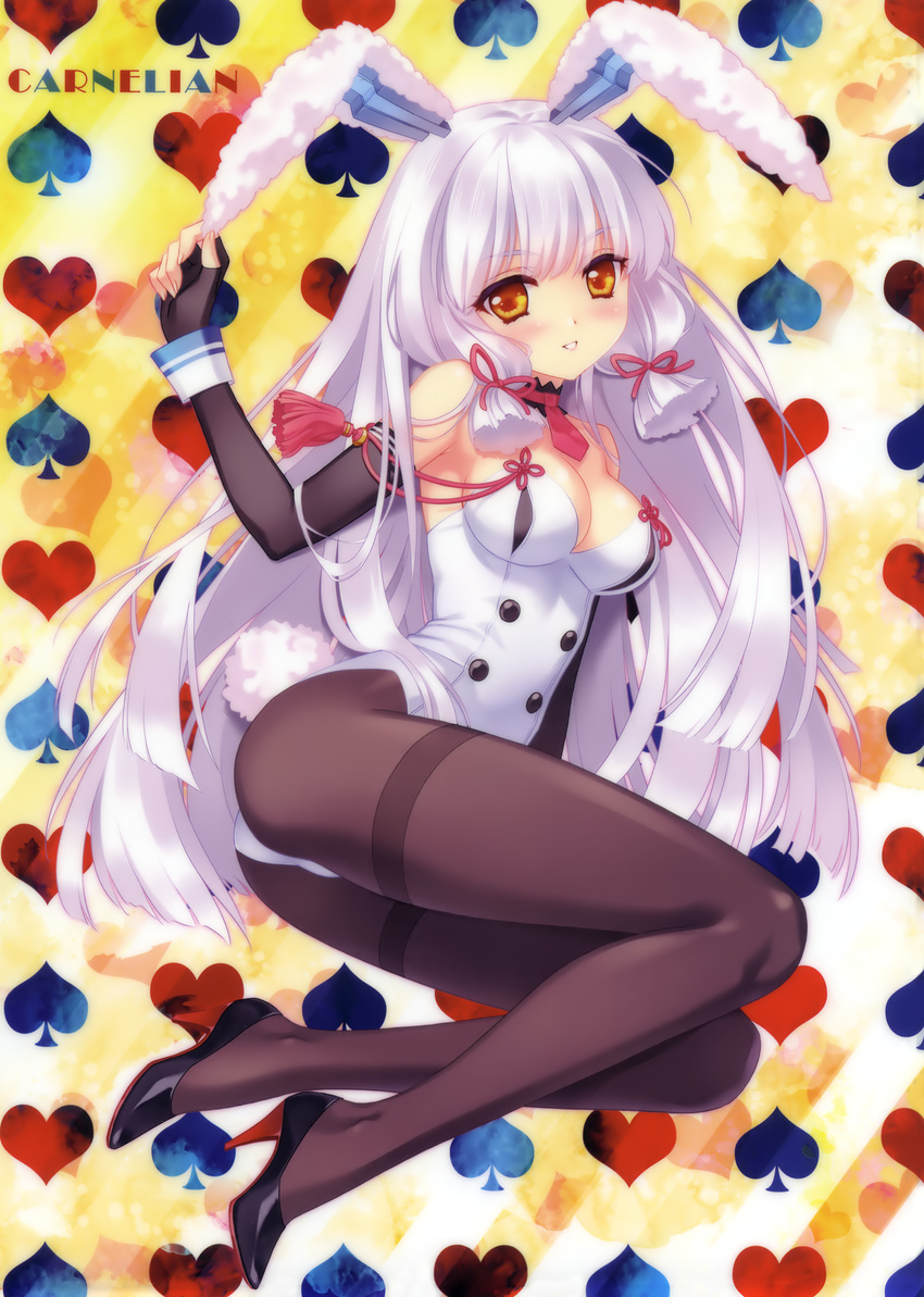 absurdres adapted_costume animal_ears ass bare_shoulders black_gloves black_legwear blush breasts bunny_ears bunny_tail bunnysuit buttons carnelian cleavage detached_collar elbow_gloves fingerless_gloves full_body gloves grey_hair hair_ribbon headgear high_heels highres kantai_collection legs long_hair medium_breasts murakumo_(kantai_collection) pantyhose remodel_(kantai_collection) ribbon sidelocks solo tail thighband_pantyhose tress_ribbon two_side_up wrist_cuffs yellow_eyes