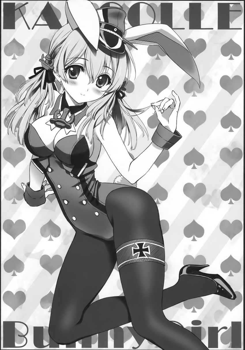 adapted_costume anchor_hair_ornament animal_ears black_legwear blush breasts bunny_ears bunny_tail bunnysuit carnelian cleavage detached_collar greyscale hair_ornament hair_ribbon hair_tousle hat high_heels highres iron_cross kantai_collection large_breasts light_smile looking_at_viewer monochrome pantyhose peaked_cap prinz_eugen_(kantai_collection) ribbon solo tail thigh_strap twintails wrist_cuffs