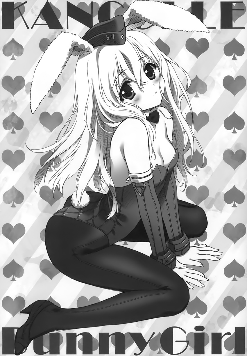 adapted_costume animal_ears ass black_legwear blush breasts bunny_ears bunny_tail bunnysuit carnelian cleavage detached_collar detached_sleeves greyscale hat highres kantai_collection long_hair monochrome pantyhose sitting small_breasts solo tail u-511_(kantai_collection) wariza