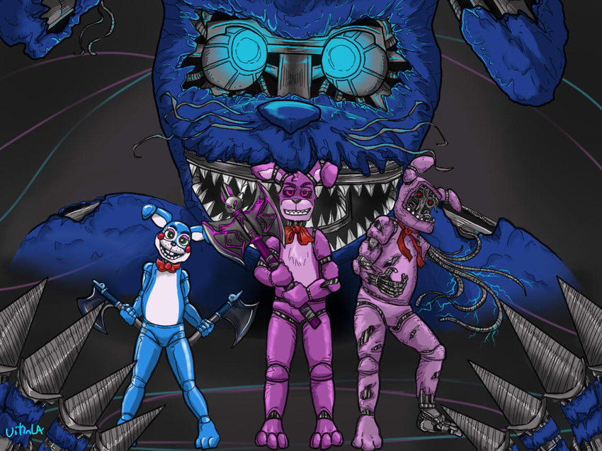 bonnie bow_tie claws five_nights_at_freddy's glowing glowing_eyes invalid_color lagomorph machine mammal mechanical rabbit robot smile teeth uitinla video_games weapon withered