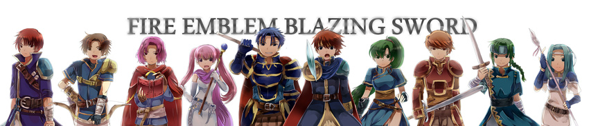 6+boys absurdres armor blue_hair book bow_(weapon) copyright_name eliwood_(fire_emblem) erk_(fire_emblem) fingerless_gloves fiora fire_emblem fire_emblem:_rekka_no_ken gloves green_eyes green_hair guy_(fire_emblem) hector_(fire_emblem) high_ponytail highres kent_(fire_emblem) long_hair long_image lyndis_(fire_emblem) multiple_boys multiple_girls polearm ponytail raven_(fire_emblem) serra short_hair sword very_long_hair weapon wide_image wil_(fire_emblem)