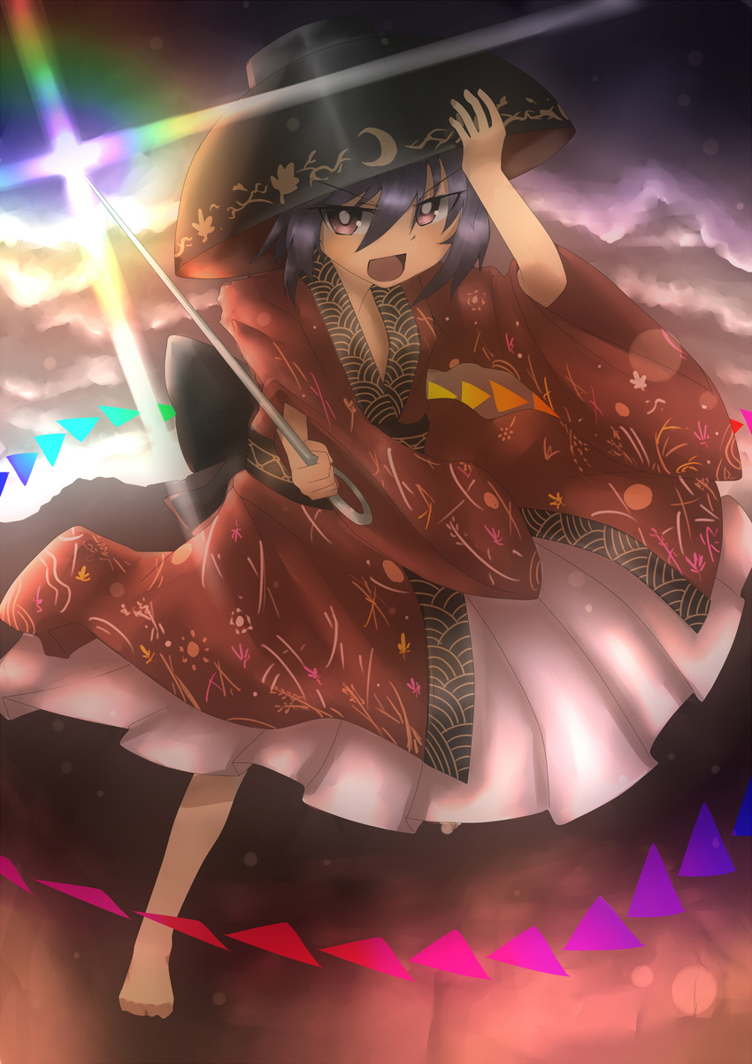 absurdres bowl bowl_hat cloud cloudy_sky futsuu_(lowerkiller) hand_on_headwear hat highres holding_needle japanese_clothes kimono lens_flare long_sleeves looking_at_viewer mountain needle open_mouth purple_hair red_eyes short_hair sky solo standing standing_on_one_leg sukuna_shinmyoumaru sun touhou wide_sleeves
