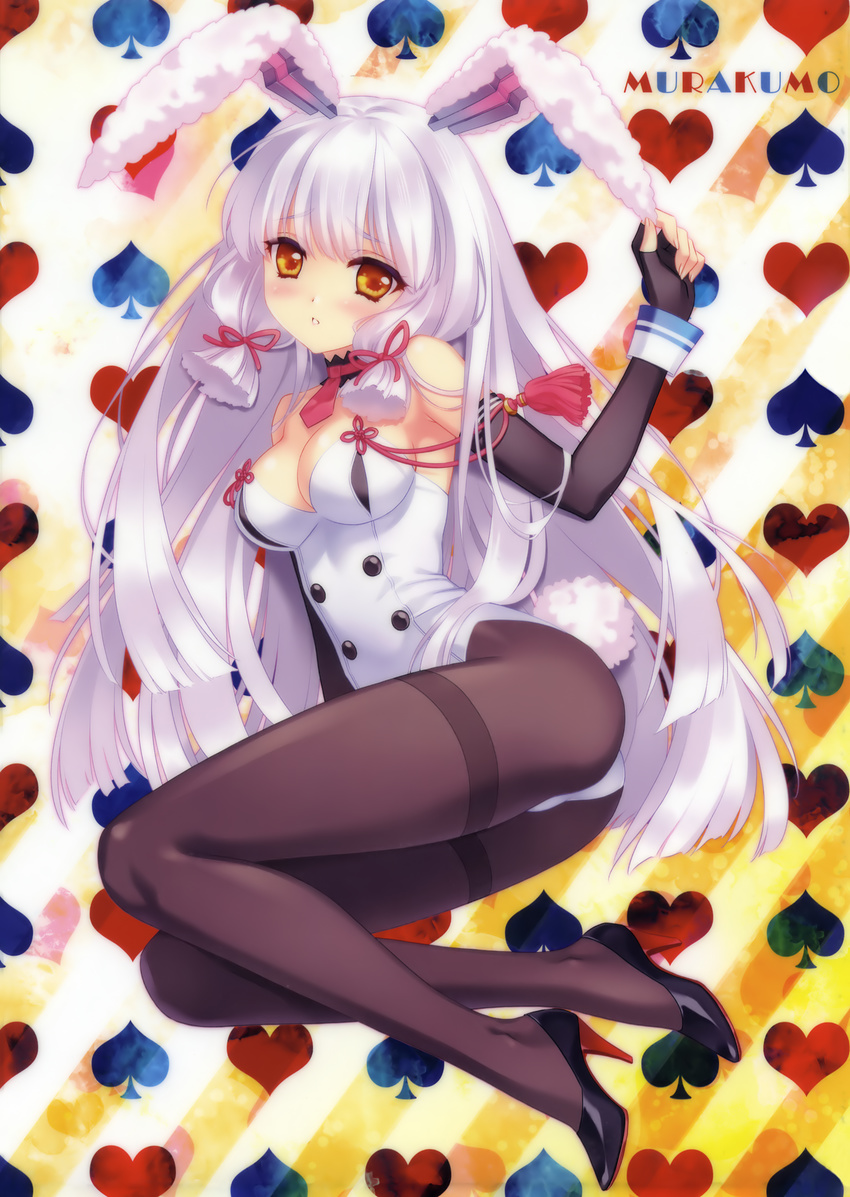 :o absurdres adapted_costume animal_ears ass bare_shoulders black_gloves black_legwear blush breasts bunny_ears bunny_tail bunnysuit buttons carnelian cleavage detached_collar elbow_gloves fingerless_gloves full_body gloves grey_hair hair_ribbon headgear high_heels highres kantai_collection legs long_hair medium_breasts murakumo_(kantai_collection) pantyhose remodel_(kantai_collection) ribbon sidelocks solo tail thighband_pantyhose tress_ribbon two_side_up wrist_cuffs yellow_eyes