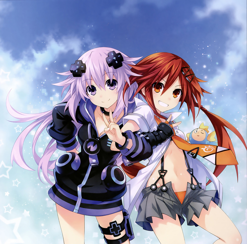 absurdres adult_neptune blush breasts collar collarbone cowboy_shot grin hair_ornament hairclip highres locked_arms long_hair medium_breasts midriff multiple_girls necktie neptune_(series) official_art pleated_skirt purple_eyes purple_hair red_eyes red_hair shin_jigen_game_neptune_vii shirt short_sleeves skirt smile star suspenders tennouboshi_uzume tsunako umio_(choujigen_game_neptune) v very_long_hair