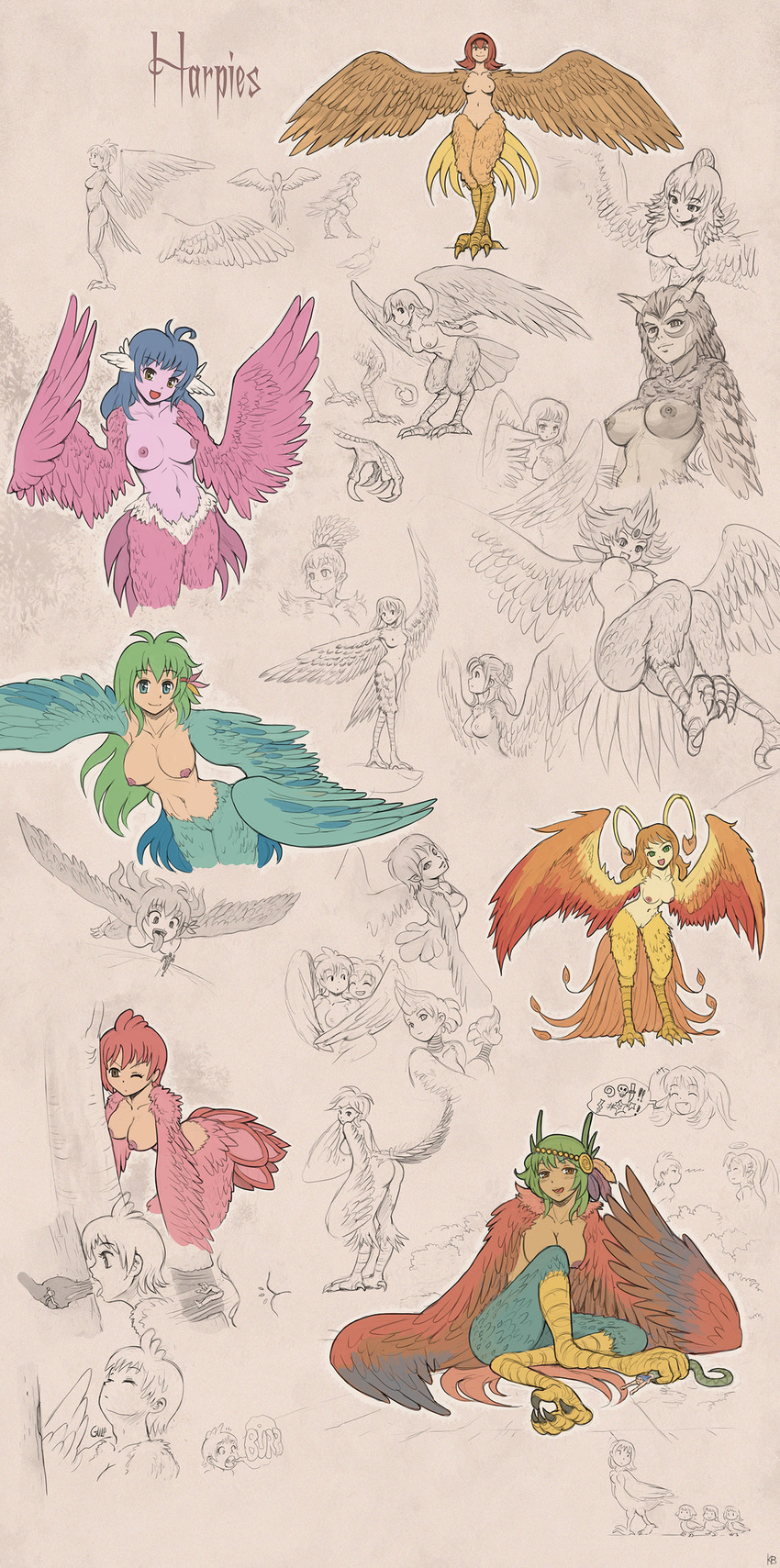 absurdres ass bird blue_eyes blue_hair blue_wings borrowed_character breasts brown_hair brown_wings burp chick fang feathered_wings feathers felarya giantess green_eyes green_hair harpy head_wings highres hug hug_from_behind karbo lamia large_breasts long_hair monster_girl mother_and_daughter multiple_girls nipples nude one_eye_closed orange_wings phoenix pink_wings pussy sketch tail_feathers talons vore wings yellow_eyes