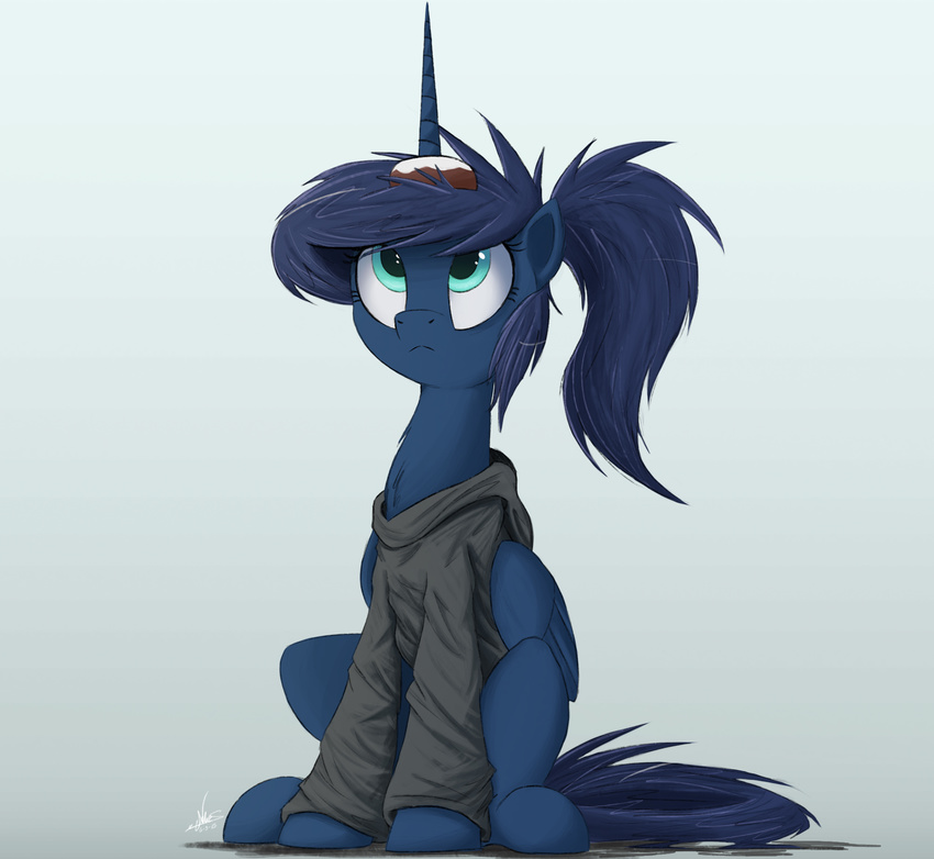 2015 clothing doughnut equine female feral food friendship_is_magic hair hi_res hoodie horn long_hair looking_up mammal my_little_pony ncmares ponytail princess_luna_(mlp) solo winged_unicorn wings