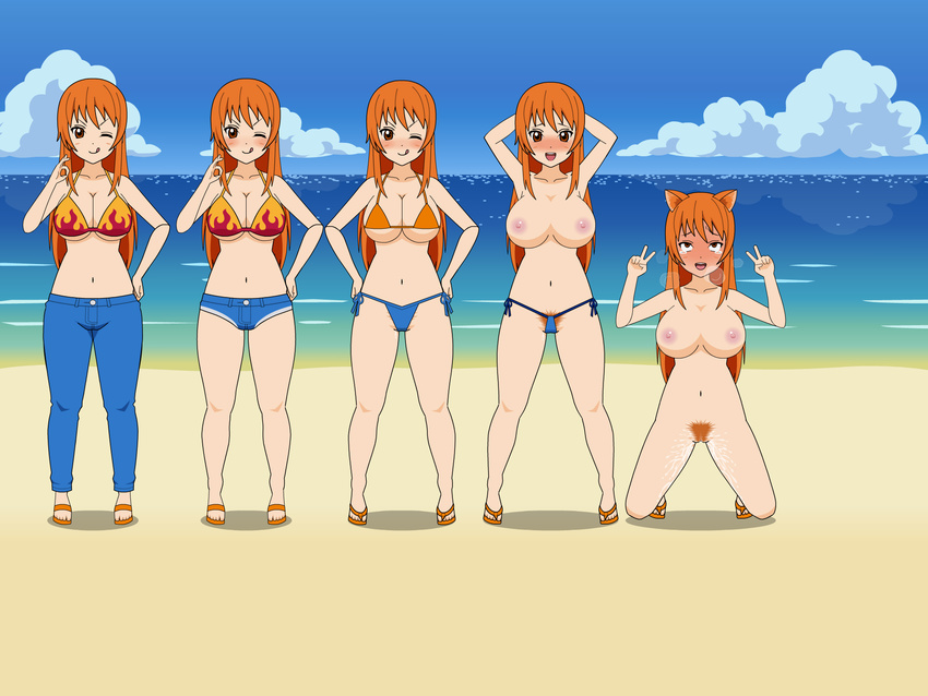 1girl ahegao areolae beach bikini blush breasts cat_ears cleavage curvy full-face_blush kisekae kisekaer large_breasts long_hair nami navel nipples one_eye_closed one_piece open_mouth orange_hair pubic_hair solo thick_thighs thong tongue tongue_out wide_hips