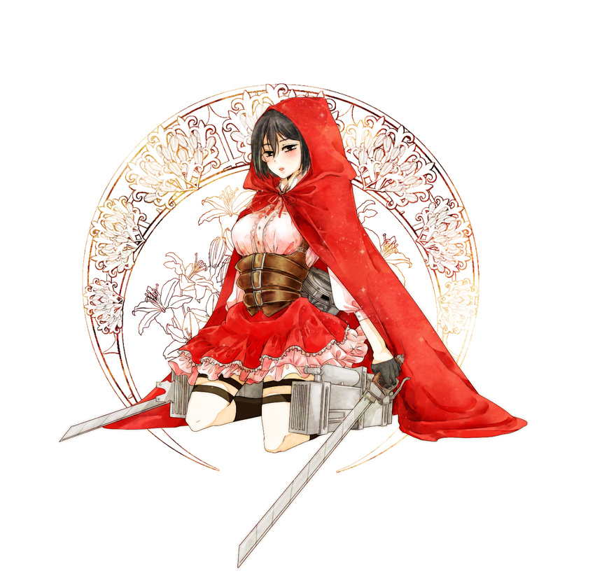 belts black_hair breasts cosplay dual_wielding gloves gradient gradient_background hood little_red_riding_hood little_red_riding_hood_(cosplay) mikasa_ackerman shingeki_no_kyojin short_hair skirt sword three-dimensional_maneuver_gear