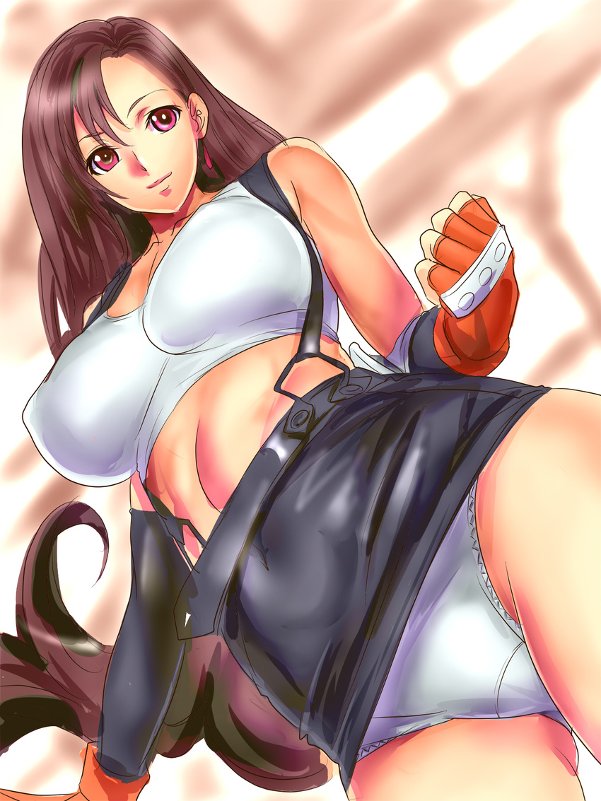 bad_id bad_pixiv_id bare_shoulders breasts brown_hair dodai_shouji final_fantasy final_fantasy_vii fingerless_gloves gloves highres large_breasts long_hair looking_at_viewer looking_down panties pink_eyes skirt solo suspender_skirt suspenders thighs tifa_lockhart underwear very_long_hair white_panties