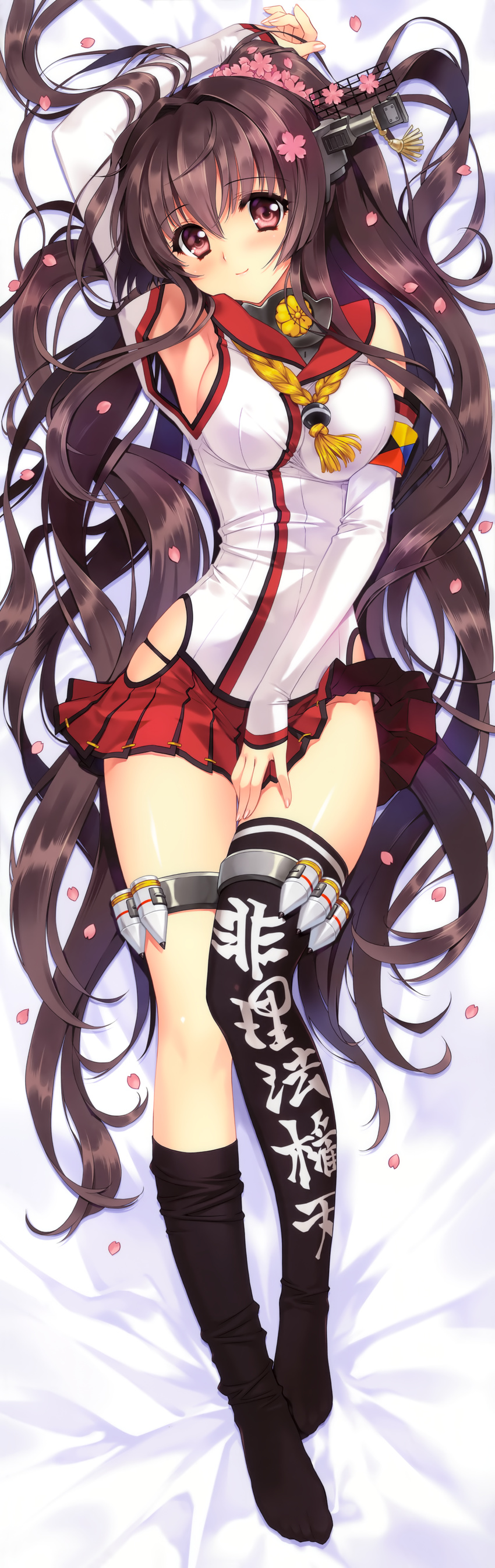 absurdres arm_up armpits black_legwear breasts brown_hair bullet carnelian cherry_blossoms dakimakura detached_sleeves full_body highres huge_filesize kantai_collection large_breasts legs long_hair lying miniskirt pink_eyes ponytail single_thighhigh skirt smile solo thighhighs very_long_hair yamato_(kantai_collection)