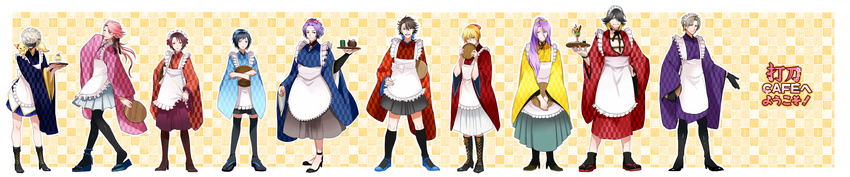 absurdres alternate_costume animal animal_on_shoulder apron armor bashamichi black_gloves black_hair black_legwear blonde_hair blue_eyes blush boots bow brown_eyes brown_hair cherry cross-laced_footwear crossdressing cup food fox fruit gloves hachisuka_kotetsu hair_bow heshikiri_hasebe high_heel_boots high_heels highres hiki_yuichi japanese_armor japanese_clothes kasen_kanesada kashuu_kiyomitsu kimono kimono_skirt knee_boots kneehighs lace-up_boots long_image maid_headdress male_focus menpoo multiple_boys mutsu-no-kami_yoshiyuki nagasone_kotetsu nakigitsune nakigitsune's_fox open_mouth pantyhose pink_hair ponytail pudding purple_hair red_eyes sandals smile souza_samonji thighhighs touken_ranbu tray unmoving_pattern wa_maid white_hair wide_image yagasuri yamanbagiri_kunihiro yamato-no-kami_yasusada yellow_eyes yunomi