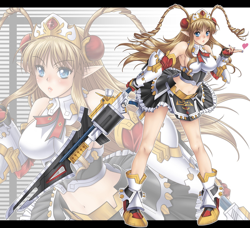 blonde_hair blue_eyes blush breasts impossible_clothes large_breasts long_hair midriff navel neige_hausen osafune_kairi pointy_ears solo super_robot_wars super_robot_wars_og_saga_mugen_no_frontier super_robot_wars_og_saga_mugen_no_frontier_exceed sword weapon zoom_layer