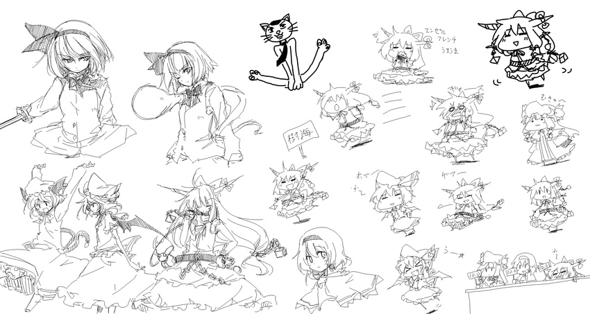 alice_margatroid chen greyscale highres ibuki_suika konpaku_youmu konpaku_youmu_(ghost) lysander_z monochrome multiple_girls oekaki patchouli_knowledge remilia_scarlet sketch touhou