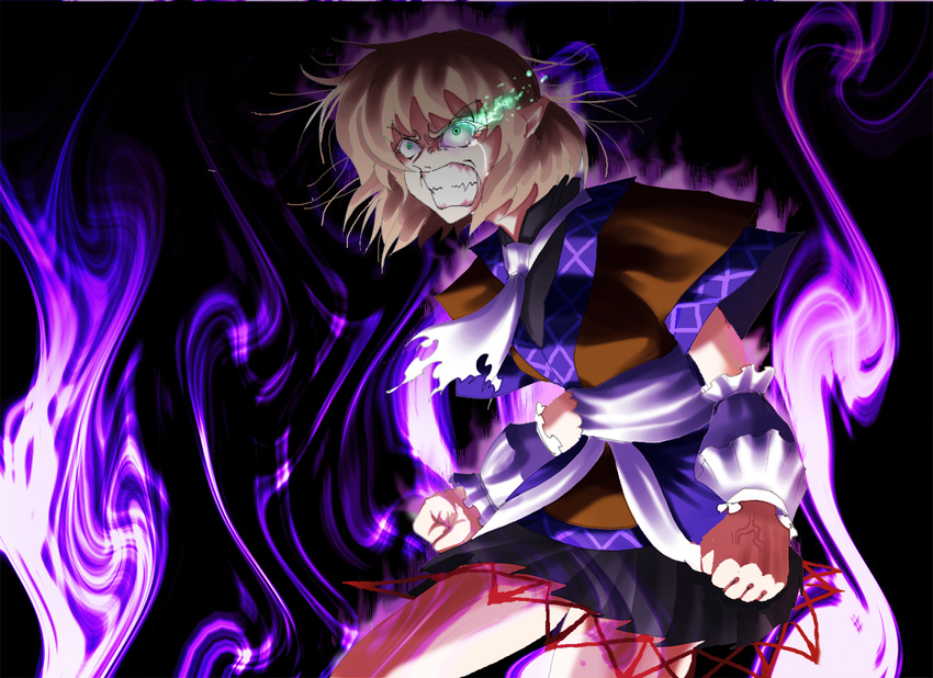 angry arm_warmers blonde_hair burning_eye clenched_hand clenched_teeth constricted_pupils green_eyes messy_hair mizuhashi_parsee pointy_ears purple scarf short_hair solo teeth touhou warugaki_(sk-ii)