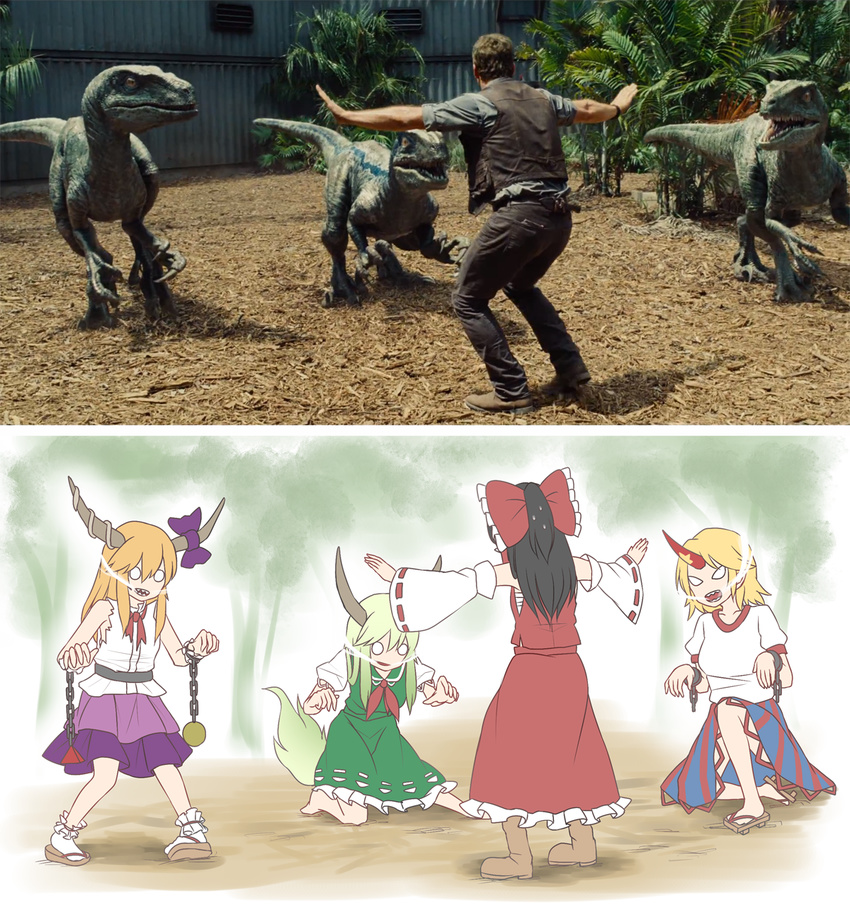 4girls black_hair blonde_hair blue_(jurassic_park) boots bow chain charlie_(jurassic_park) chris_pratt delta_(jurassic_park) dinosaur ex-keine fuente green_hair hair_bow hakurei_reimu highres horns hoshiguma_yuugi ibuki_suika jurassic_park jurassic_world kamishirasawa_keine kneeling meme multiple_girls orange_hair outstretched_arms owen_grady parody prattkeeping reference_photo reference_photo_inset sarashi sharp_teeth sweat tail teeth touhou velociraptor