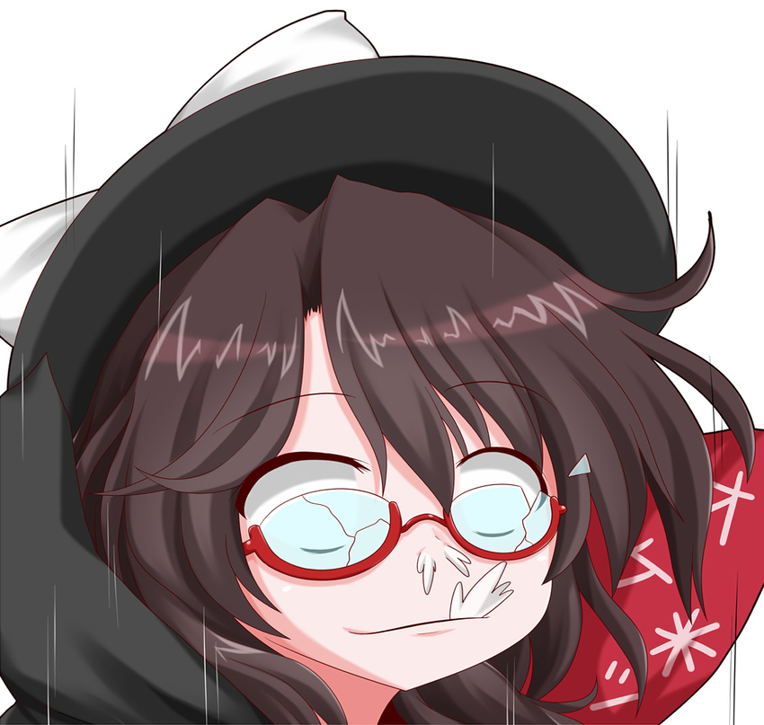 blank_eyes broken_eyewear brown_hair cape clothes_writing face glasses guilty_gear guilty_gear_xrd hat oden_(th-inaba) parody semi-rimless_eyewear short_hair simple_background sin_kiske solo spitting style_parody touhou under-rim_eyewear upper_body usami_sumireko white_background