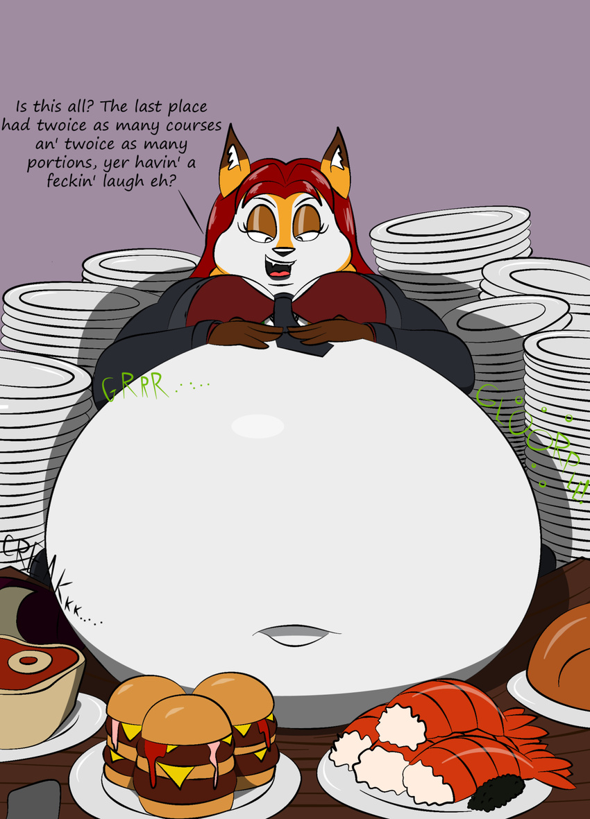 2015 accent americananomaly_(artist) anthro belly big_belly big_breasts breasts canine chubby color dog feline female food gurgle hair hi_res hungry irish long_hair lynx lynxuki mammal navel necktie obese overweight red_hair restaurant riley_o'shane saluki smile smirk solo stuffing suit