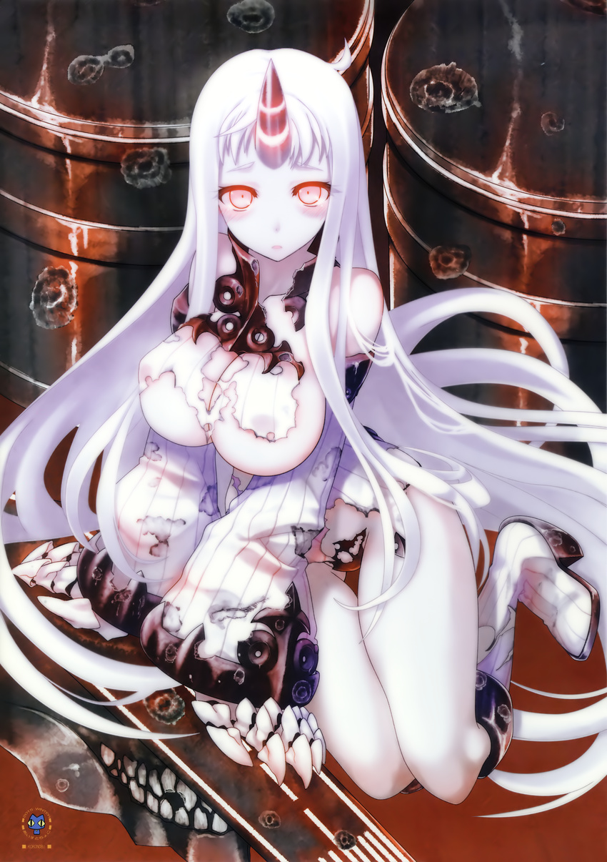 absurdres bare_shoulders black_panties boots breasts bullet_hole claws detached_sleeves dress highres horn kantai_collection knee_boots kokonobi large_breasts long_hair looking_at_viewer machinery pale_skin panties ribbed_dress seaport_hime shinkaisei-kan solo torn_clothes torn_panties underwear very_long_hair white_footwear white_skin