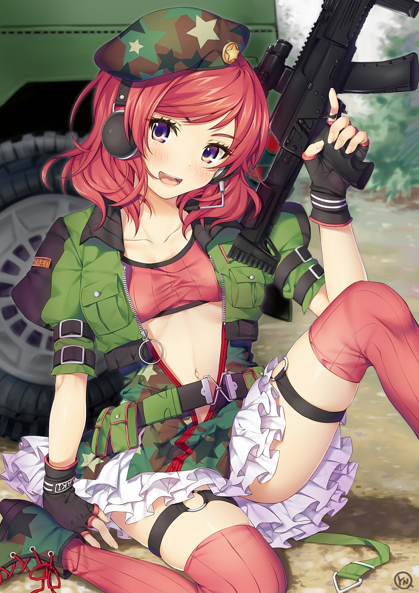 ak-12 assault_rifle belt beret blush boots breasts camouflage camouflage_hat camouflage_skirt commentary_request fingerless_gloves gloves gun hat headset highres looking_at_viewer love_live! love_live!_school_idol_project military navel nishikino_maki open_mouth pouch print_hat print_skirt puffy_sleeves purple_eyes red_hair red_legwear rifle short_hair short_sleeves sitting skirt small_breasts smile solo star star_print thigh_strap thighhighs unzipped weapon yana_mori