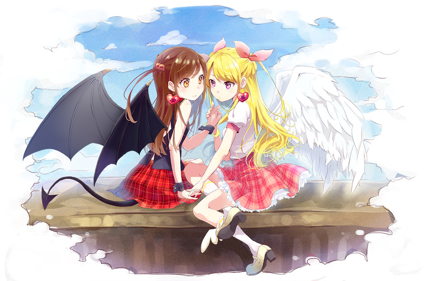 angel_and_devil angel_wings bangs bat_wings black_blouse blonde_hair blouse blue_sky brown_hair chiigo cloud day demon_girl demon_tail earrings eye_contact face-to-face feathered_wings hair_bobbles hair_ornament hair_ribbon heart heart_earrings high_heels holding_hands jewelry long_hair looking_at_another mary_janes multiple_girls on_wall orange_eyes original plaid plaid_skirt purple_eyes ribbon shoes short_sleeves sitting skirt sky sleeveless smile socks swept_bangs tail wall white_blouse white_legwear white_wings wings wrist_cuffs yuri