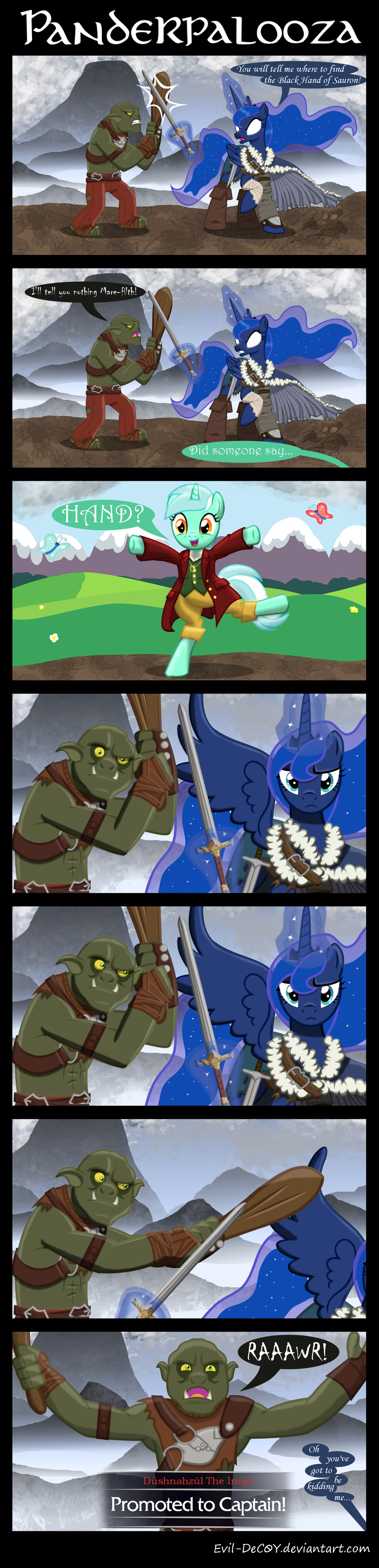 2015 armor cloak clothing club comic dialogue english_text equine evil-dec0y fail fangs female fight friendship_is_magic glowing glowing_eyes horn humanoid lyra_heartstrings_(mlp) male mammal melee_weapon middle-earth:_shadow_of_mordor my_little_pony orc outside princess_luna_(mlp) text unicorn weapon white_eyes winged_unicorn wings