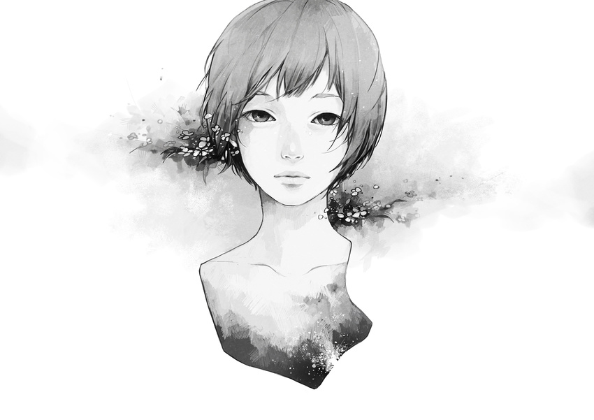 androgynous expressionless flower greyscale hair_flower hair_ornament highres looking_at_viewer monochrome original portrait simple_background sketch solo tae white_background