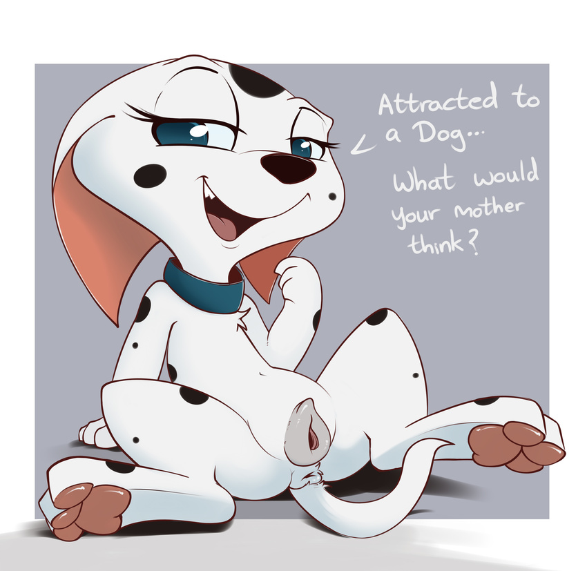101_dalmatians anthro anus blue_eyes cadpig canine collar cub dalmatian dialogue disney dog english_text fangs female half-closed_eyes hi_res mammal open_mouth pussy smitty_g solo talking_to_viewer text tongue young