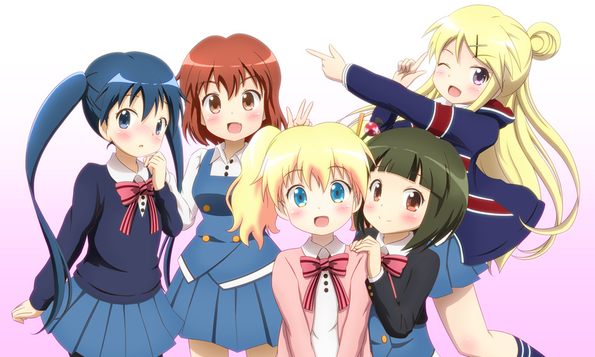 :d ;d absurdres alice_cartelet black_hair blonde_hair blue_eyes blue_hair brown_eyes brown_hair cardigan hair_bun hair_ornament hairclip highres hood hoodie inokuma_youko jacket kin-iro_mosaic kiyu_(doremi's_party) komichi_aya kujou_karen long_hair multiple_girls one_eye_closed oomiya_shinobu open_cardigan open_clothes open_mouth purple_eyes red_eyes school_uniform short_hair smile sweater twintails x_hair_ornament