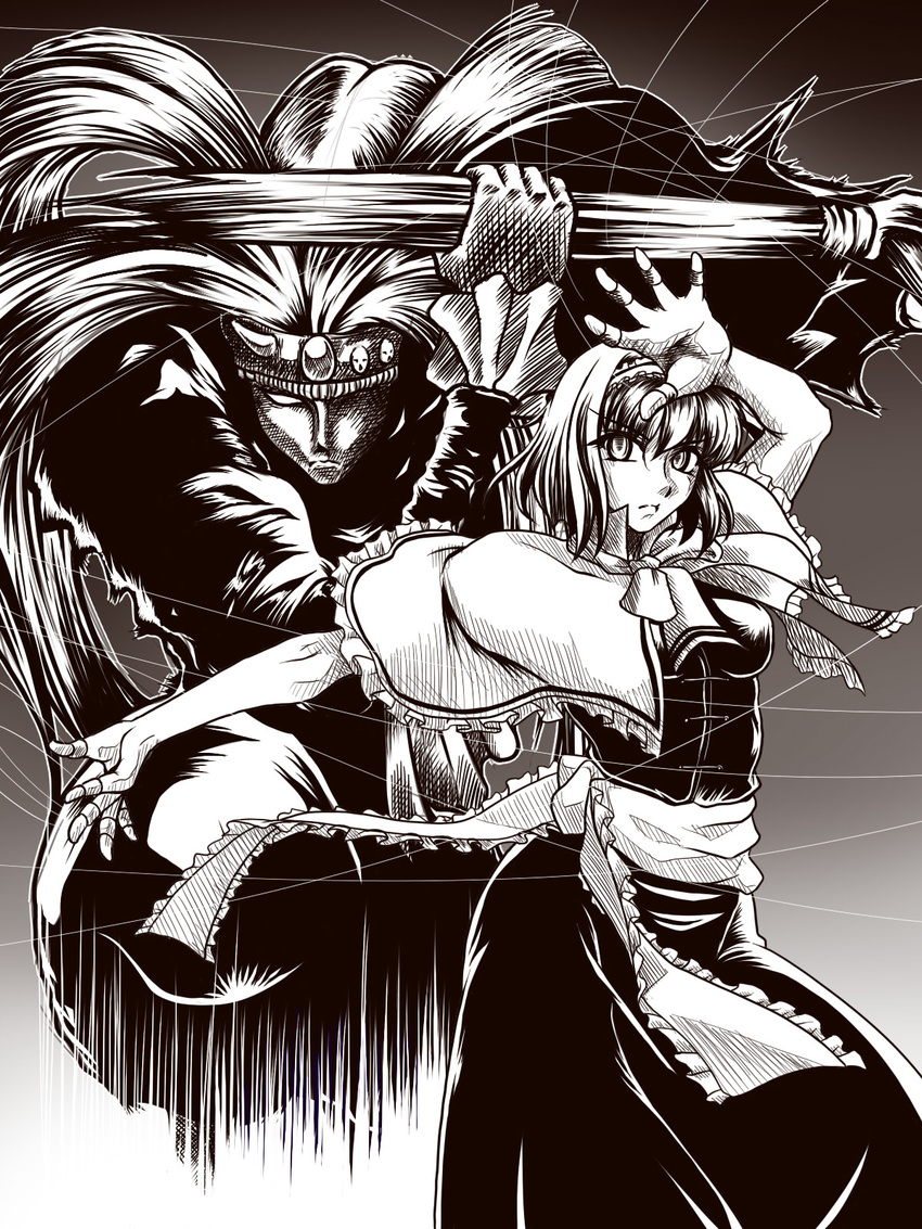 alice_margatroid bad_id bad_pixiv_id commentary_request doll greyscale harlequin_(karakuri_circus) highres karakuri_circus monochrome ootsuki_wataru parody puppet_strings touhou