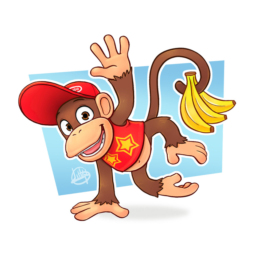 banana barefoot brown_fur diddy_kong donkey_kong_(series) food fruit fur luigil male mammal monkey nintendo primate signature solo video_games