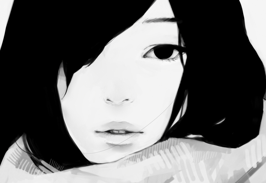 bad_id bad_pixiv_id black close-up expressionless greyscale hair_over_one_eye looking_at_viewer monochrome original parted_lips portrait scarf solo tae teeth white