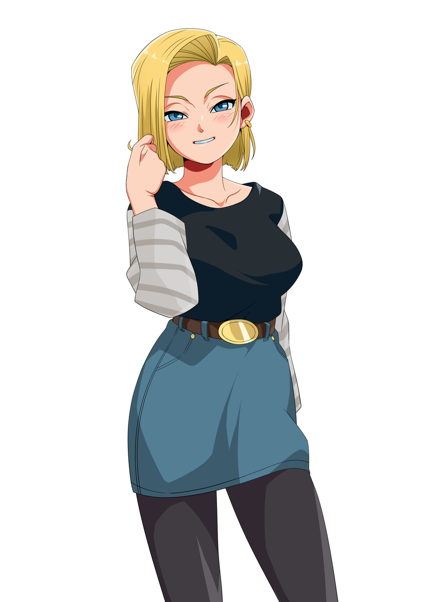 1girl adjusting_hair android_18 belt blonde_hair blue_eyes blush bob_cut breasts denim_skirt dragon_ball dragonball_z earrings female highres jewelry kyosu large_breasts leggings legs long_sleeves looking_at_viewer pantyhose pencil_skirt raglan_sleeves short_hair shounen_jump shueisha simple_background skirt smile solo standing striped_sleeves thighs white_background