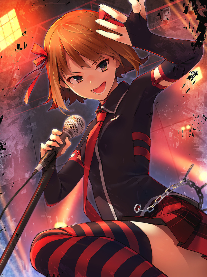 amami_haruka arm_up bad_id bad_tumblr_id elbow_gloves fingerless_gloves gloves green_eyes hair_ribbon highres idolmaster idolmaster_(classic) looking_at_viewer microphone microphone_stand necktie open_mouth plaid plaid_skirt punkish_gothic ribbon short_hair skirt solo striped striped_legwear teiryoku_lolita thighhighs