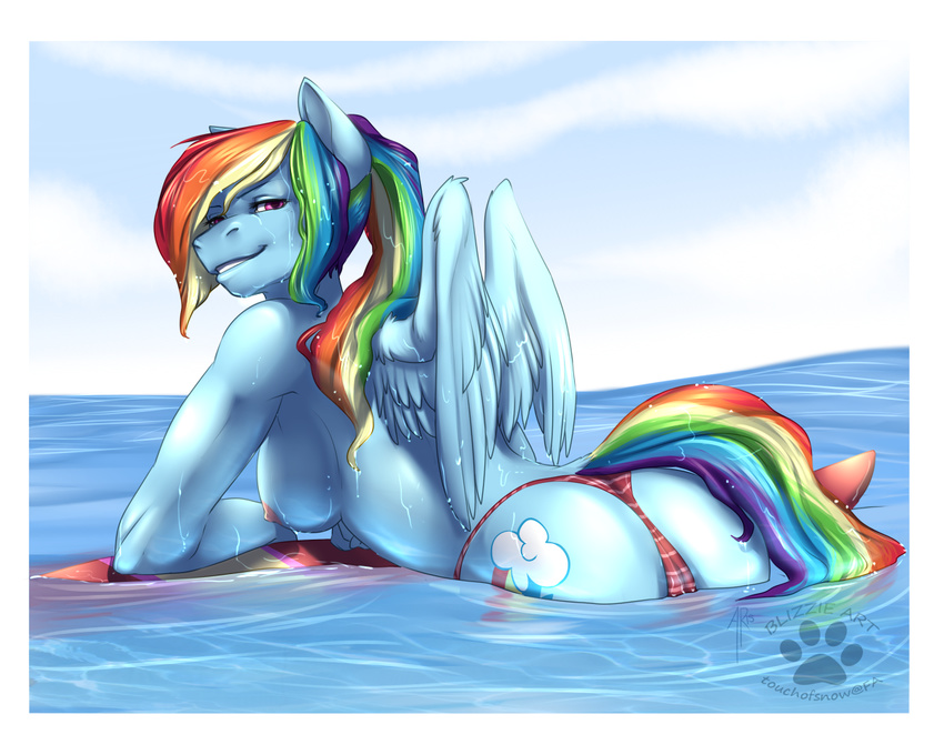 2015 anthro anthrofied breasts equine female friendship_is_magic hair mammal multicolored_hair my_little_pony outside pegasus rainbow_dash_(mlp) rainbow_hair solo touchofsnow water wet wings