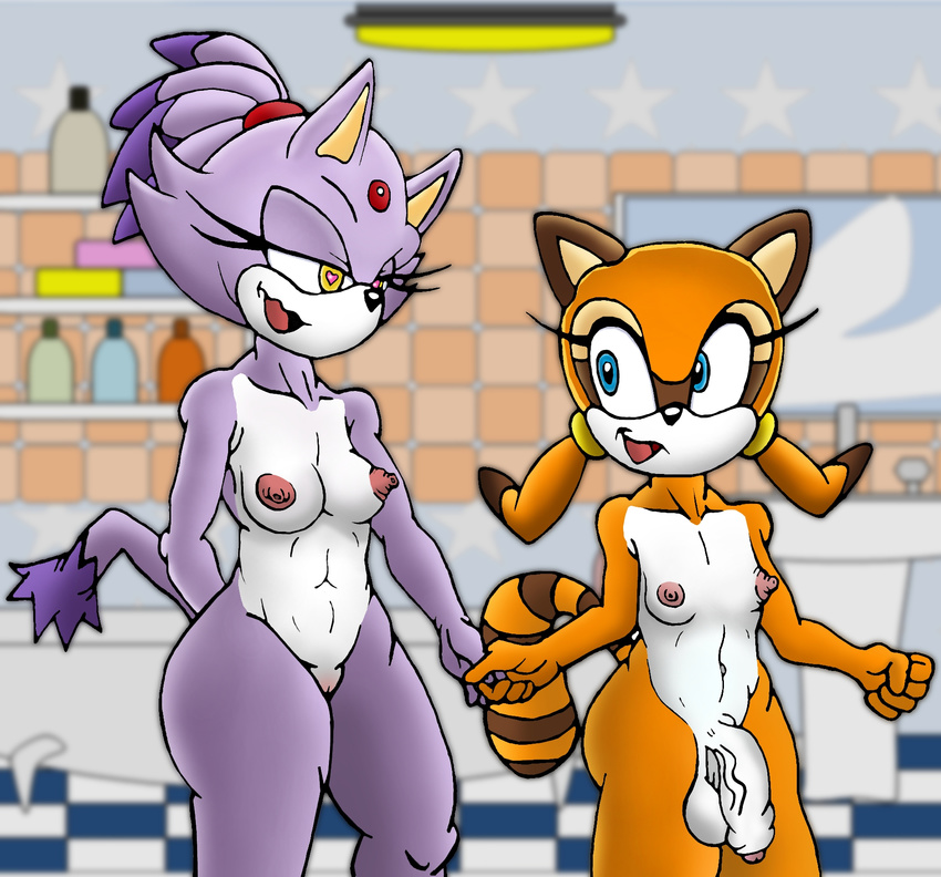 anthro blaze_the_cat breasts damian_hodge dickgirl duo flat_chested humanoid_penis intersex marine_the_raccoon orgasm penis plain_background sonic_(series) uncut wide_hips